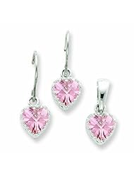 Sterling Silver Pink CZ Heart Earrings and Pendant Set