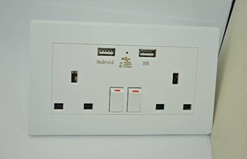 Energytick UK Mains 13A 2-Gang Double Power Wall Socket Face Plate 2 USB Charge Outlet Port by Energytick