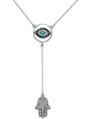 Victoria Kay 14k White Gold White and Treated Blue Diamond and Turquoise Evil Eye and Hamsa Necklace (1/3cttw, JK, I2-I3)