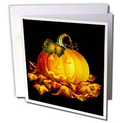 Dream Essence Designs Halloween - Glowing JackoLantern and Autumn leaves on Halloween night on black background - Greeting Cards-6 Greeting Cards with envelopes