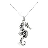 Sterling Silver Seahorse Pendant Necklace, Large Pendant, on 18 Inch Snake Chain