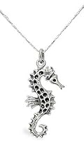 Sterling Silver Seahorse Pendant Necklace, Large Pendant, on 18 Inch Snake Chain