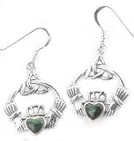 Sterling Silver Celtic Claddagh Green Heart Earrings