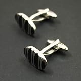 FashionOn Designer Formal Contemporary Silver Black Oval Cufflinks with Gift Box