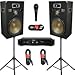 New Studio Speakers 15 Three Way Pro Audio Monitor Pair, Stands, Amp, Cables and Mic Set for PA DJ Home or Karaoke PPB15SET