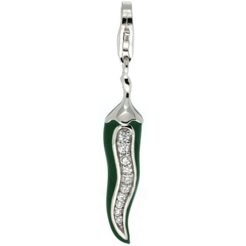 Sterling Silver Chili Jalapeno Pepper Charm for Bracelet w/ Cubic Zirconia Stones, 1 5/16 in. (33mm) tall, Enamel Finish