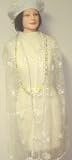 Js16, Hand Crocheted White Chenille and Gimp Tweed Beret Offered in Combination with White Fancy Silk Scarf with Two Layers of Pearl Long Necklace for Women and Teens