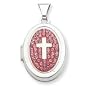 Sterling Silver 18mm Oval Cross Light Rose Crystal Locket