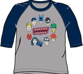 Justice League JUSTICE HEAD CIRCLE Adult Gray Navy Baseball T shirt Tee Shirt
