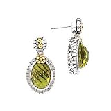 14K Yellow Gold and Sterling Silver Green Quartz Dangle Earrings