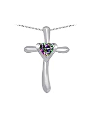 Original Star K (tm) Cross Love Pendant with 6mm Heart Shape Rainbow Mystic Topaz in 925 Sterling Silver