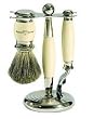 Edwin Jagger Shave Shaving 3Pc Mach 3 Razor, Pure Badger Brush with Stand-Imitation Ivory & Nickel Plated