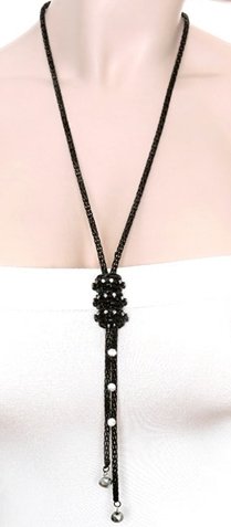 Improving Lifestyles Fashion Long Necklace Black with Rhinestone Tassle Style No Closure