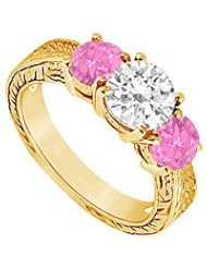 Three Stone Pink Sapphire and Diamond Ring 14K Yellow Gold - 1.25 CT TGW