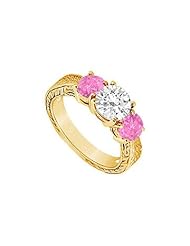 Three Stone Pink Sapphire and Diamond Ring 14K Yellow Gold - 1.25 CT TGW