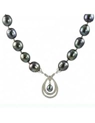 This stunning necklace which is also featured on the cover is 18" long made of 12-13MM ringed dyed black freshwater pearls with a sterling silver and diamond centerpiece.