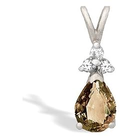14K White Gold Genuine Pear Smoky Quartz and Diamond Pendant