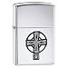 High polish chrome lighter with Celtic cross emblem.