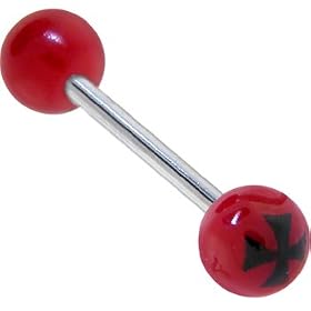 Red Black CROSS Barbell Tongue Ring by 