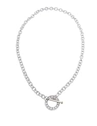 Sterling Silver CZ Rimmed Circle Toggle Clasp Necklace with Link Chain