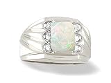 14K White Gold Genuine Emerald-cut Opal and Diamond Men's Ring