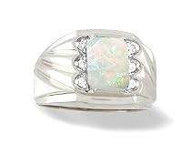 14K White Gold Genuine Emerald-cut Opal and Diamond Men's Ring