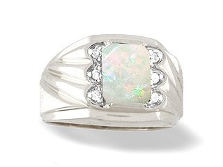 14K White Gold Genuine Emerald-cut Opal and Diamond Men's Ring
