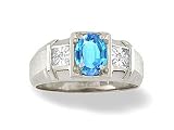 14K White Gold Genuine Oval Blue Topaz and Diamond Men's Ring
