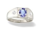 14K White Gold Genuine Oval Tanzanite and Diamond Men's Ring