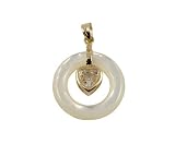 White Mother Of Pearl Round Pendant with Yellow Cubic Zirconia Heart, 14k Gold