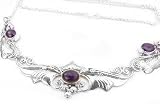 Unusual Old World Style Sterling Silver 3-Stone Amethyst Leaf Choker Necklace