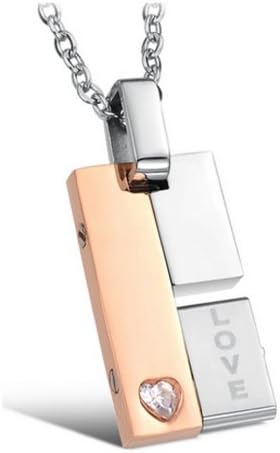 Stainless Surgical Steel Couple Necklace Two-tone Ring Cubic Zirconia Crystal Lead Free Nickel Free Jewelry (Gold)