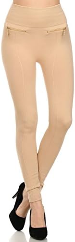 Fashion MIC Women's High Waist Fleece Leggings with Zipper Detail (One Size, Beige)