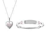 Sterling Silver Children's Bracelet and Locket Pendant Set Adjustable Bracelet with Pink Flowers Embossed Heart Locket Pendant with Pink Flower, 13