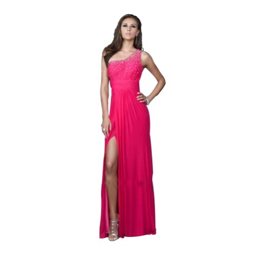GEORGE BRIDE Red Sheath/ Column One Shoulder Slip Front Evening Dress With Beaded Appliques