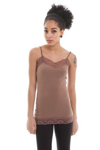 Zenana Womens Lace Trim Tank Top (Mocha, Medium)