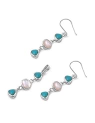 Sterling Silver Falling Stones Design Mother of Pearl and Turquoise Pendant and Earrings Jewelry Set