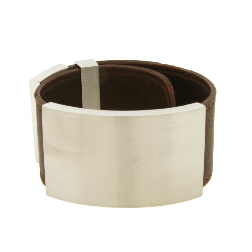  Women's Adjustable Leather Cuff with Stainless Steel Center in Brown, 6.25