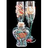 Angel Fish Design - Hand Painted - Large Heart Bottle and 2 matching Flutes Set by 