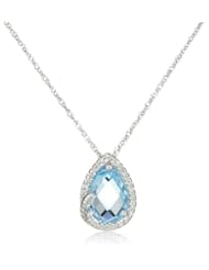 Sterling Silver Teardrop Blue Topaz Diamond Pendant Necklace (1/12cttw, I-J Color, I2-I3 Clarity), 18"