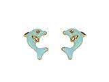 14KT Yellow Gold Blue Dolphin Enamel Stud Earrings