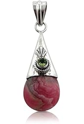 Pink Rhodochrosite Gemstone Teardrop and Peridot Sterling Silver Pendant