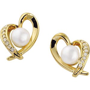 Genuine St. Anton Earrings. 14K Yellow Gold Cultured Akoya & Diamond Heart Earring Pair 07.00mm/1/6Cttw. 100% Satisfaction Guaranteed.