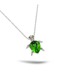 Sterling Silver Rhodium Plated Green And Clear Cz Sea Turtle Silder Necklace 16 Inch Plus 2 Inch Chain
