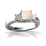 14K White Gold Square Genuine Opal trellis three stone Ring