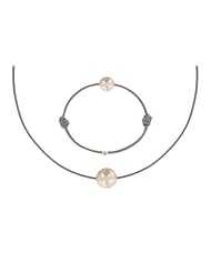 Les Poulettes Jewels - Necklace and Bracelet Set Pink Pearl 8-9 mm with Grey Color Wax Cord