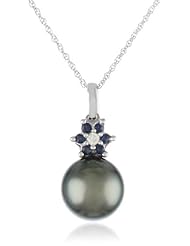 10k White Gold Black Tahitian Cultured Pearl with Diamond and Sapphire Accent Earrings and Pendant Necklace, 17"