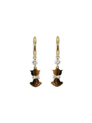 14k Yellow Gold, Cat Dangling Earring with Brilliant Created Gems