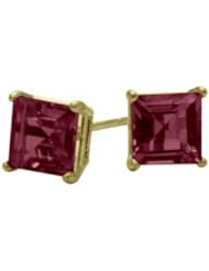 Genuine 4mm Square Princess Rhodolite 14 Karat Yellow Gold Stud Earrings for Girls