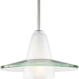 Progress Lighting P5011-09 Contemporary Stem-Hung Pendant with An Etched Glass C1 Supporting A Curved Clear Glass Shade Canopy, Brushed Nickel